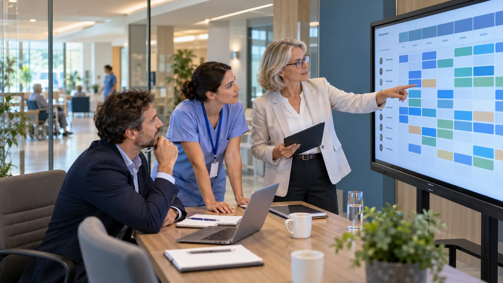 Equipo de dirección de una residencia comparando opciones de software de turnos