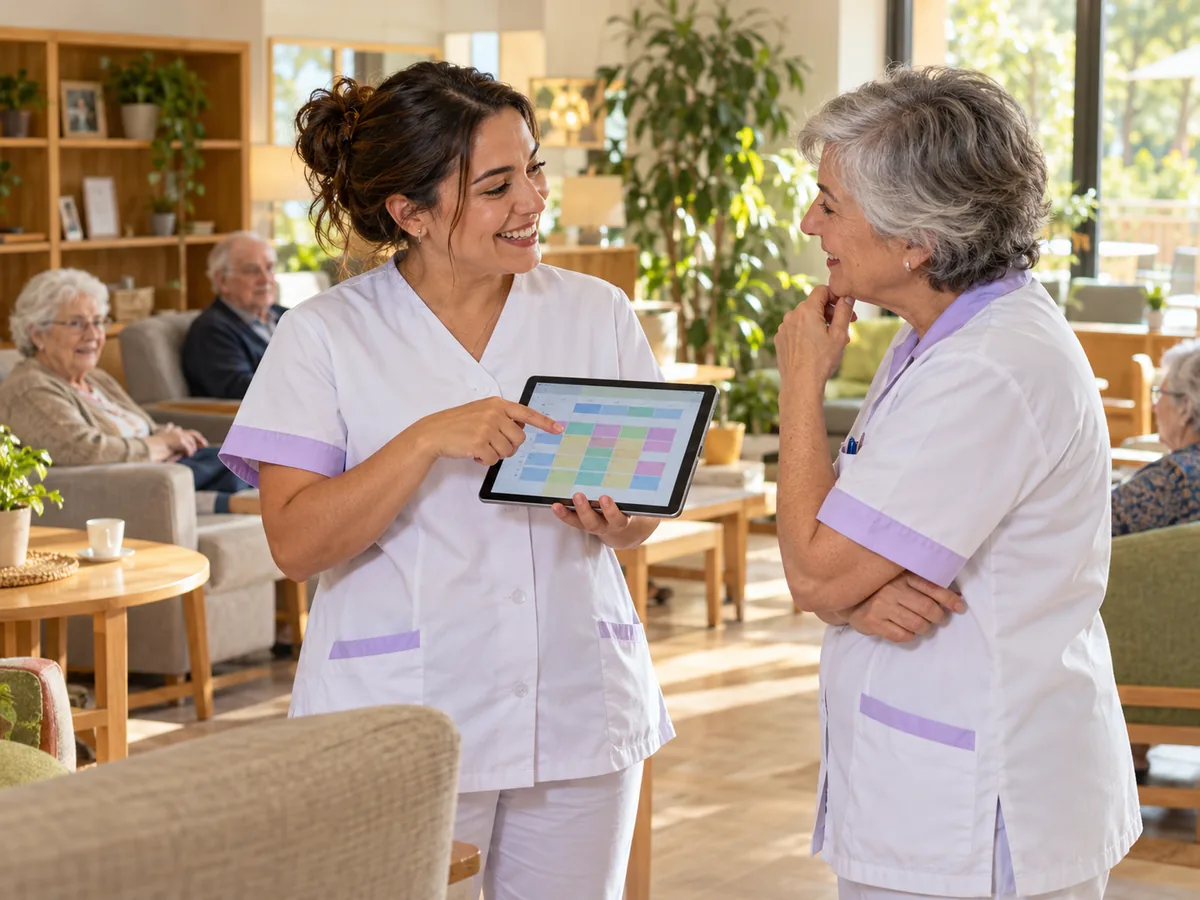 Dos profesionales hablando sobre el horario en una tablet