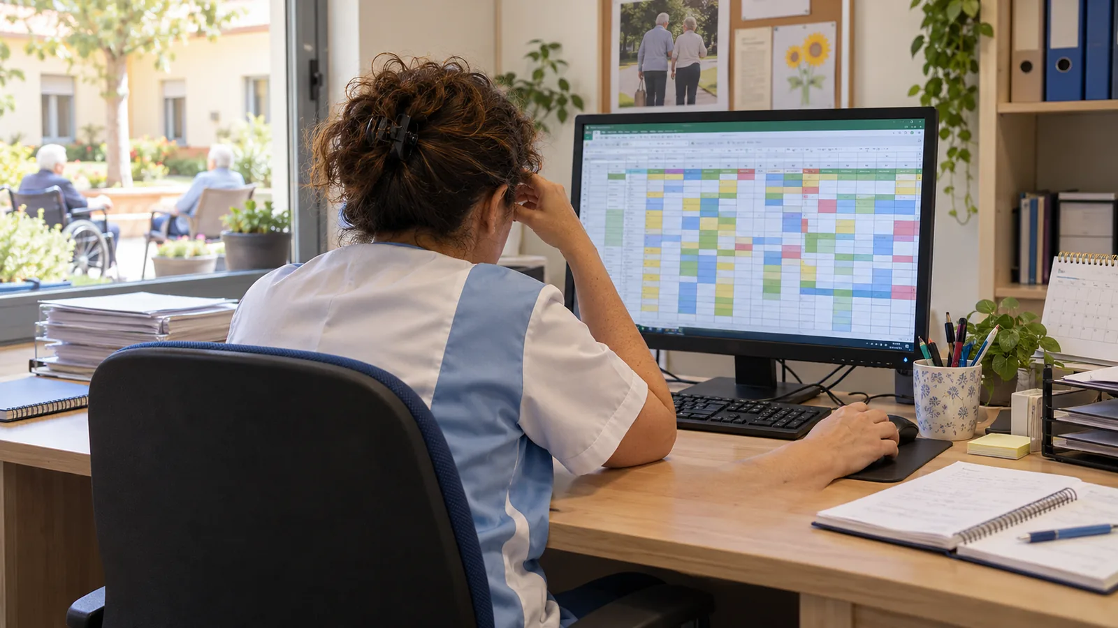 Mujer de espaldas preparando un cuadrante de trabajo en Excel